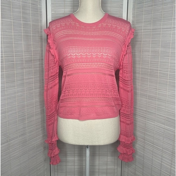 Misa Los Angeles Pink Crochet Pullover Size M Long Sleeve Ruffle Detail - Picture 1 of 8
